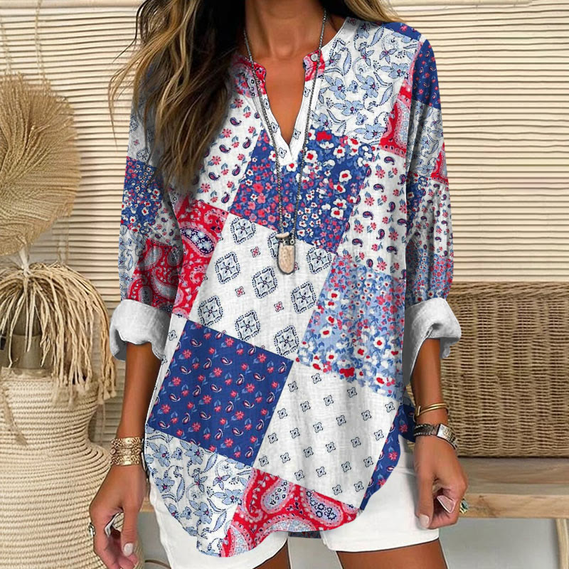Independence Day Patchwork Paisley Print V Neck Long Sleeve Blouse - Blue - 8XL - image 1
