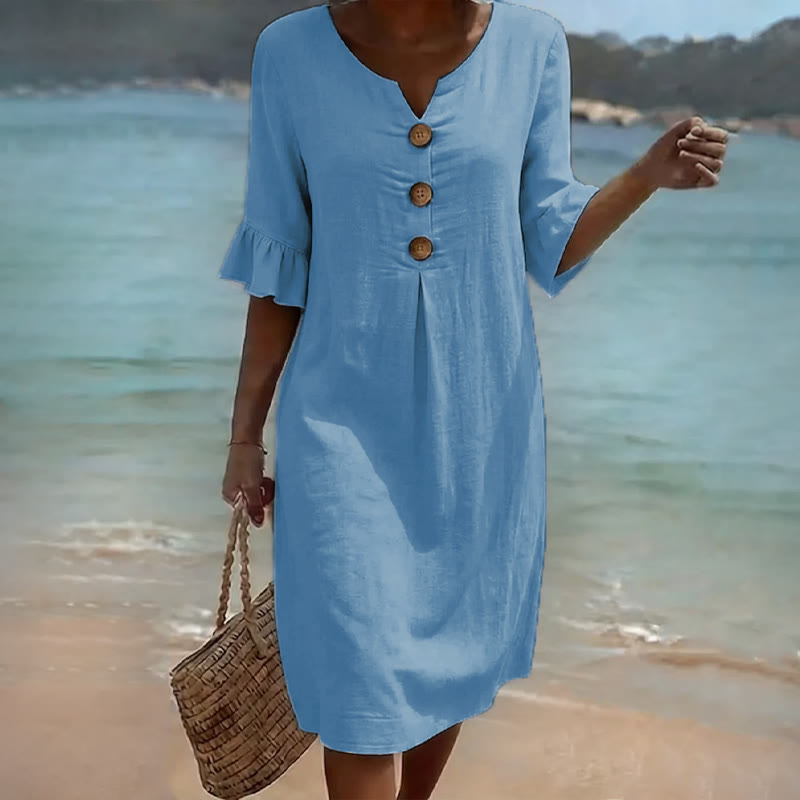 Elegant Cozy Solid Notched collar Button Ruffled Half MIdi Dress - Blue - US 22 (4XL) - image 3