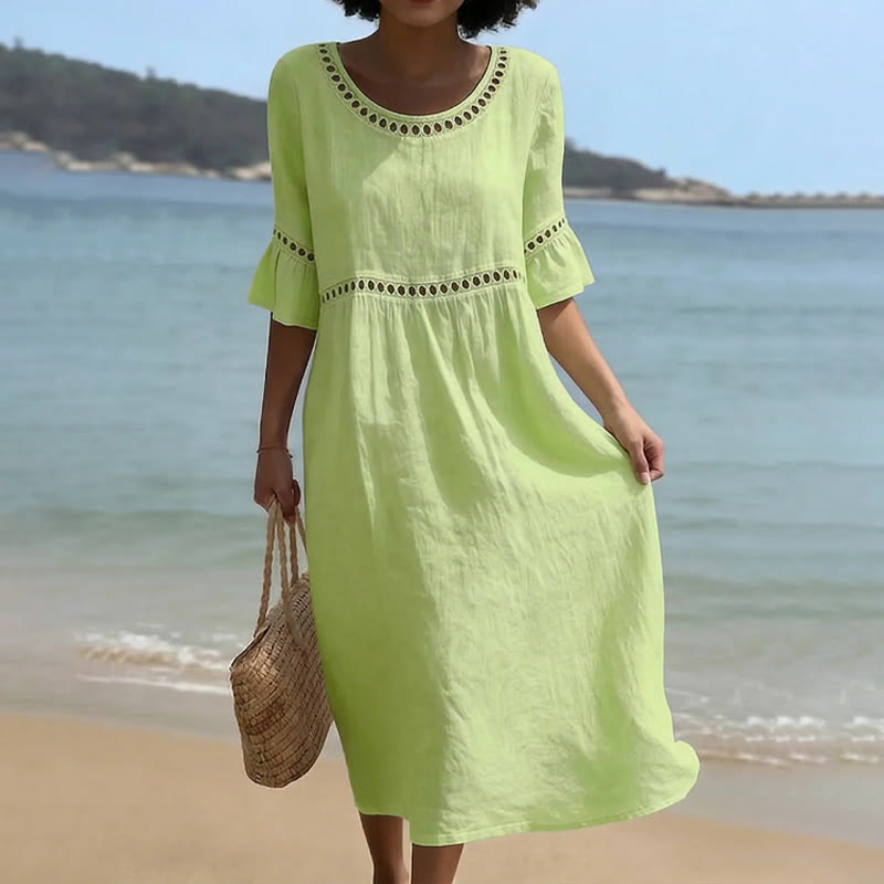 Elegant Solid Openwork Lace Round Neck Ruffles Half Sleeve Midi Dress - Light Green - 3XL - image 3