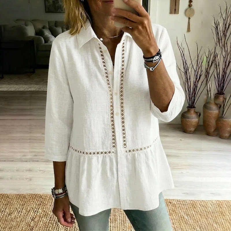 Elegant Bohemian Openwork Lace Linen Blend 3/4 Sleeve Blouse - White - 4XL - image 1