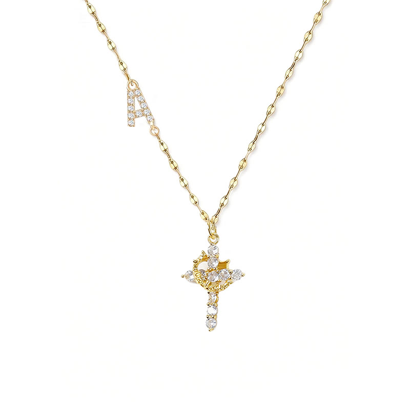 Rhinestone Letter Cross Pendant Necklace - A - one size - image 5