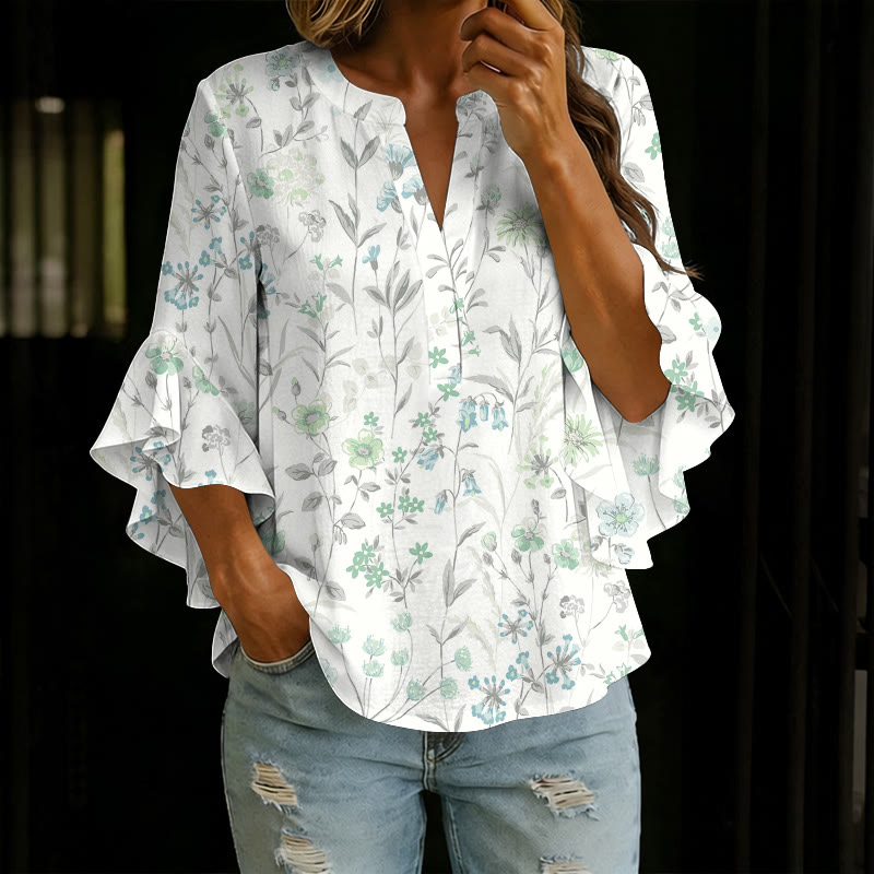  Pastoral Watercolor Flowers And Plants Print V-neck Half Sleeve Blouse - Light Green - 5XL - image 8