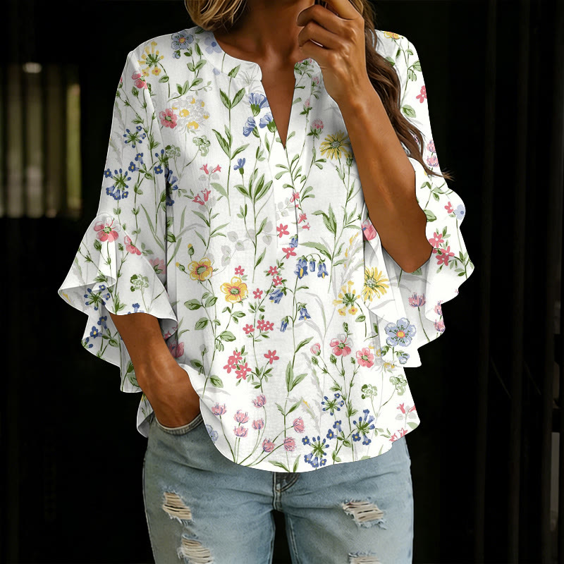  Pastoral Watercolor Flowers And Plants Print V-neck Half Sleeve Blouse - White - 5XL - image 7