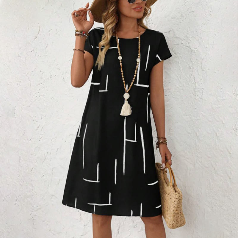 Geometric Line Print Short Sleeve Crew Neck Midi Dress - Black - 2XL - image 2