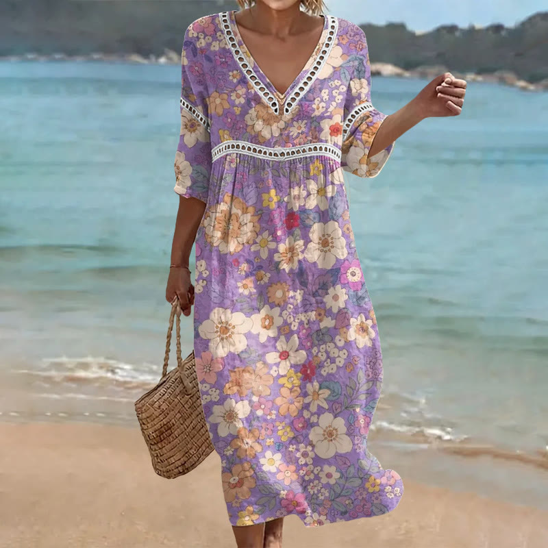 Vintage Random  Floral Print Openwork Lace V-neck Half Sleeve Maxi Dress - Purple - US 16-18 (4XL) - image 1