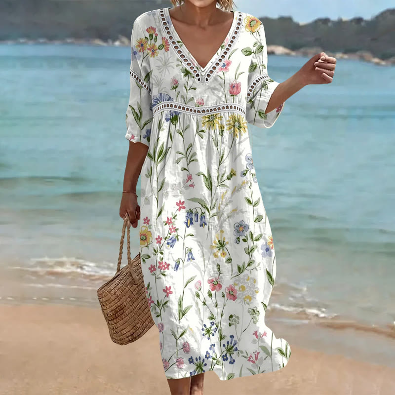 Pastoral Watercolor Flowers And Plants Print Openwork Lace V-neck Half Sleeve Maxi Dress - White - US 16-18 (4XL) - image 1