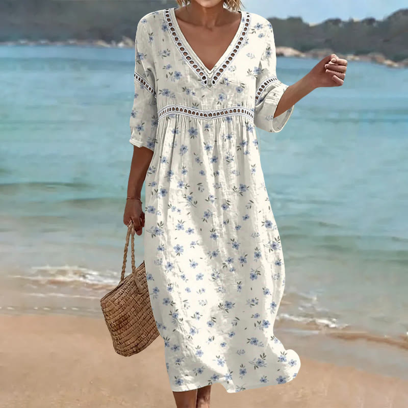 Elegant Gentle Floral Print Openwork Lace V-neck Half Sleeve Maxi Dress - Light Blue - US 16-18 (4XL) - image 1