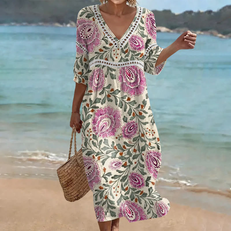 Vintage Ethnic Floral Vines Print Openwork Lace V-neck Half Sleeve Maxi Dress - Purple - US 16-18 (4XL) - image 1