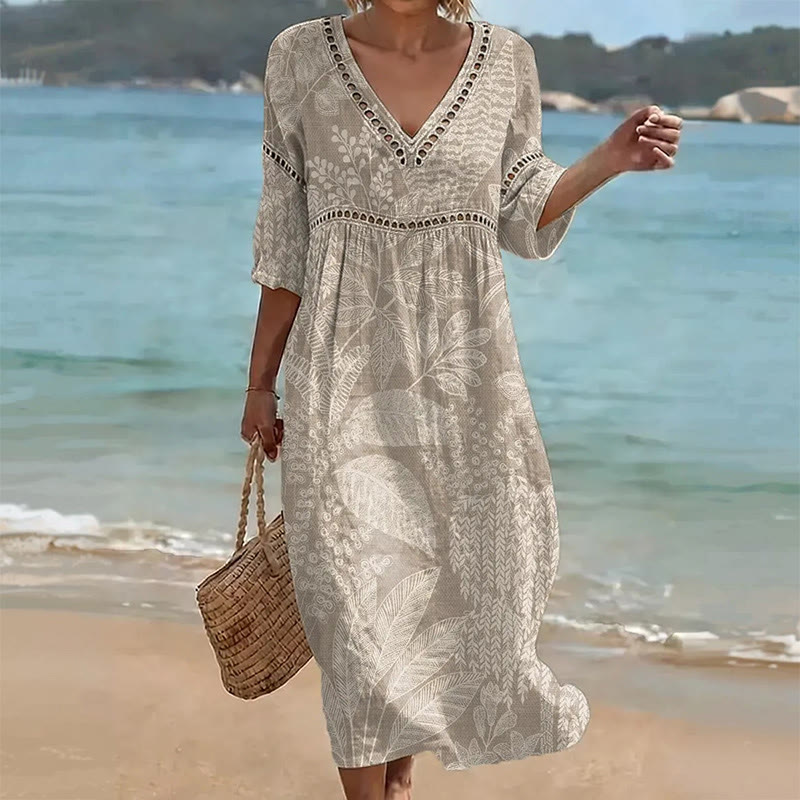 Boho Floral Print V-neck Mid Dress - Khaki - US 16-18 (4XL) - image 6
