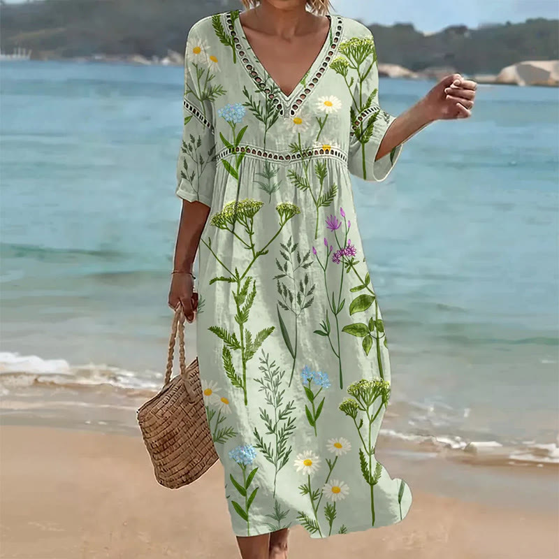 Boho Floral Print V-neck Mid Dress - Green - US 16-18 (4XL) - image 5