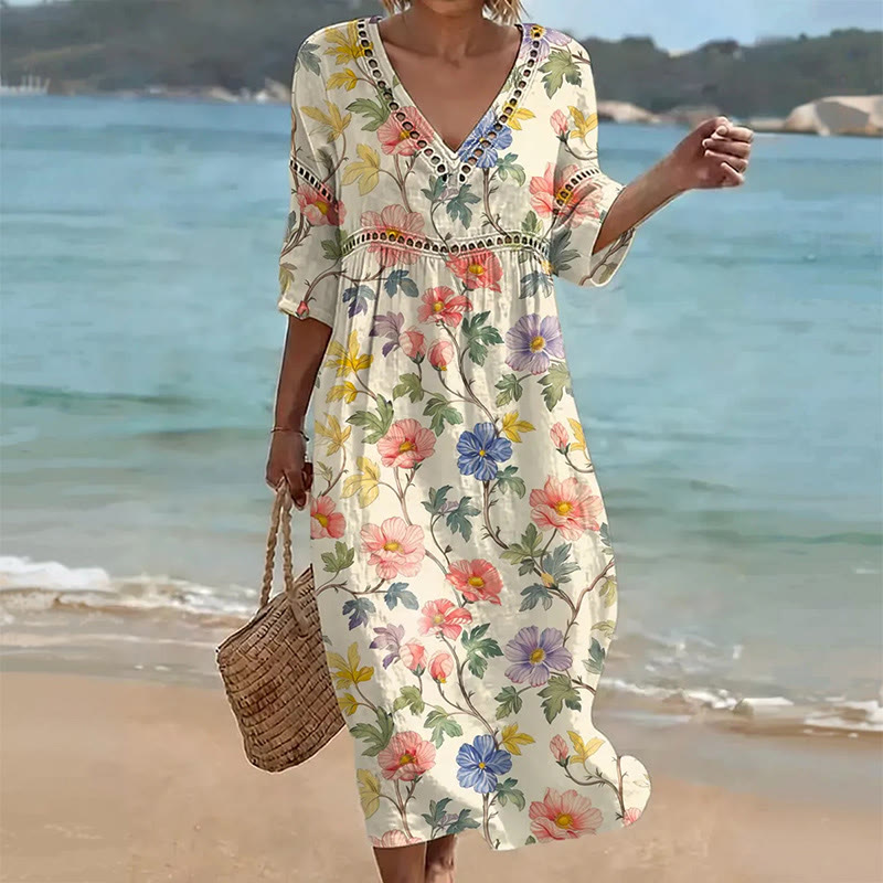 Boho Floral Print V-neck Mid Dress - Beige - US 16-18 (4XL) - image 2