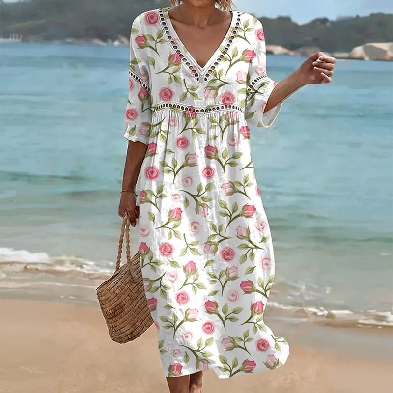 Boho Floral Print V-neck Mid Dress - White - US 16-18 (4XL) - image 1