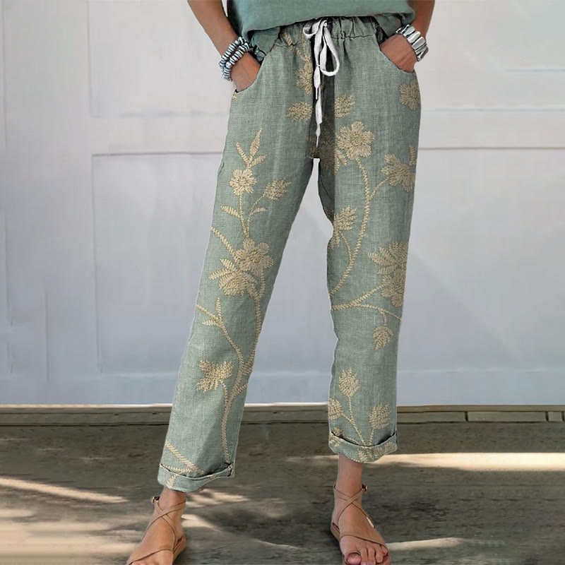 Boho Floral Print Casual Pocket Pants  - Light Green - 5XL - image 2
