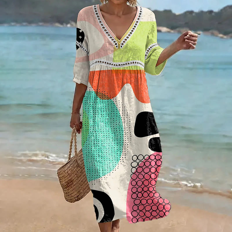 Chic Retro Geometric Print Openwork Lace V-neck Half Sleeve Maxi Dress - Multicolor - US 16-18 (4XL) - image 1