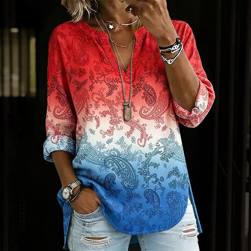 Retro Independence Day Gradient Paisley Pattern Print Long Sleeve Casual Blouse - White - 5XL - image 1