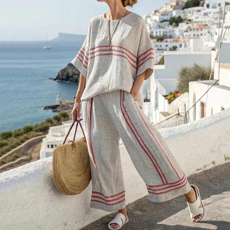 Elegant Striped Round-neck 3/4 Sleeves Blouse&pants Set - Grey - 3XL - image 1