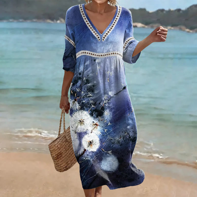 Vintage Dandelion Gradient Pattern Print Openwork Lace V-neck Half Sleeve Maxi Dress - Blue - US 16-18 (4XL) - image 1