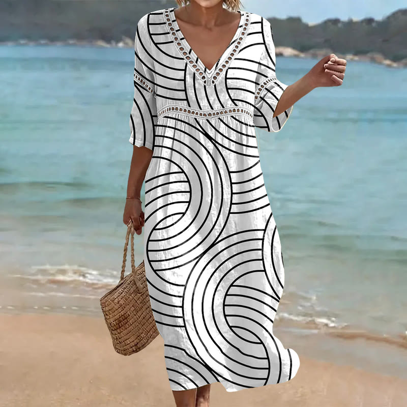 Elegant Circular Lines Pattern Print Openwork Lace V-neck Half Sleeve Maxi Dress - White - US 16-18 (4XL) - image 1