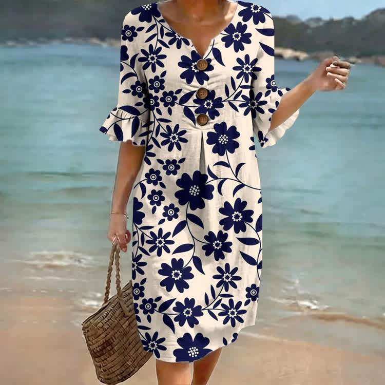 Retro Blue Floral Print Notched Collar Button Ruffled Half Midi Dress - Apricot - US 22 (4XL) - image 1