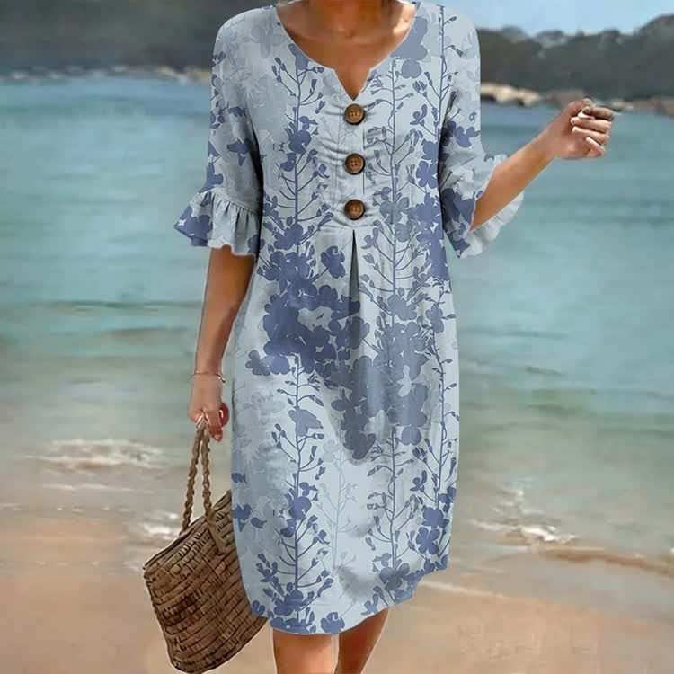 Dusty Blue Botanical Print Notched Collar Button Ruffled Half Midi Dress - Blue - US 22 (4XL) - image 2