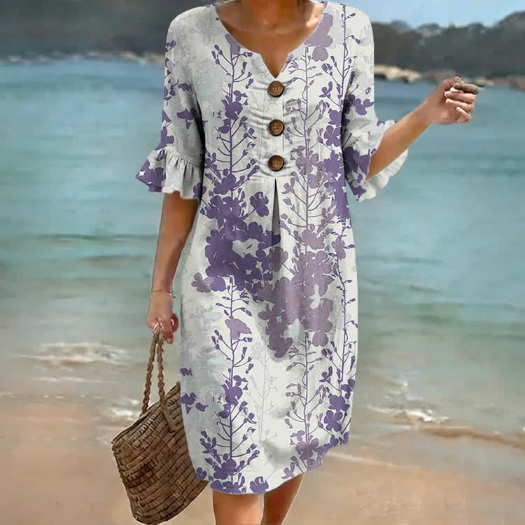 Dusty Blue Botanical Print Notched Collar Button Ruffled Half Midi Dress - Grey - US 22 (4XL) - image 1