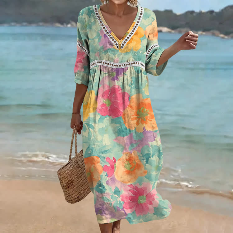 Casual Boho Floral Print Openwork Lace V-neck Half Sleeve Maxi Dress - Multicolor - US 16-18 (4XL) - image 1