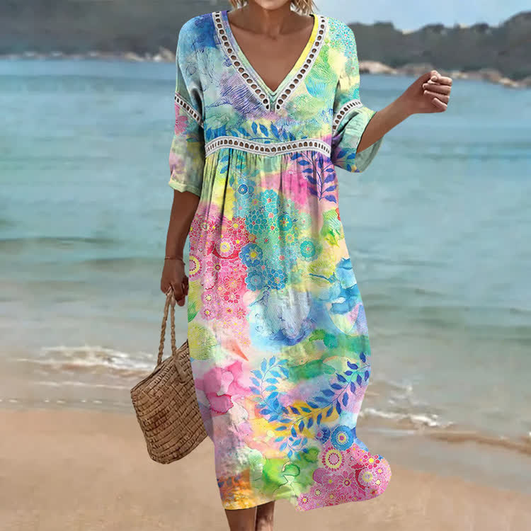 Multicolor Abstract Floral Print Openwork Lace V-neck Half Sleeve Maxi Dress - Multicolor - US 16-18 (4XL) - image 1