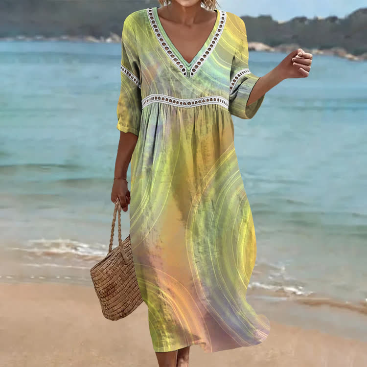 Green Gradient Abstract Print Openwork Lace V-neck Half Sleeve Maxi Dress - Multicolor - US 16-18 (4XL) - image 1