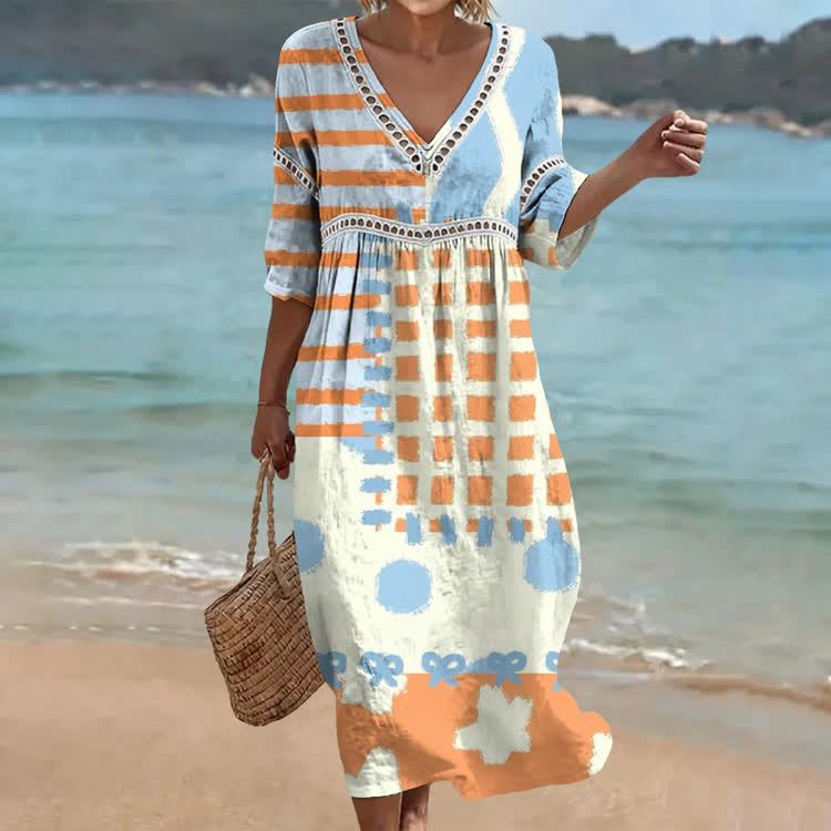 Orange & Blue Geometric Print Openwork Lace V-neck Half Sleeve Maxi Dress - Multicolor - US 16-18 (4XL) - image 1