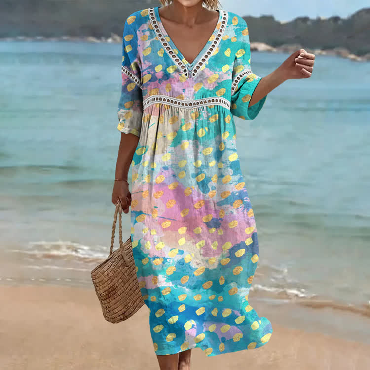 Watercolor Dot Print Openwork Lace V-neck Half Sleeve Maxi Dress - Multicolor - US 16-18 (4XL) - image 1