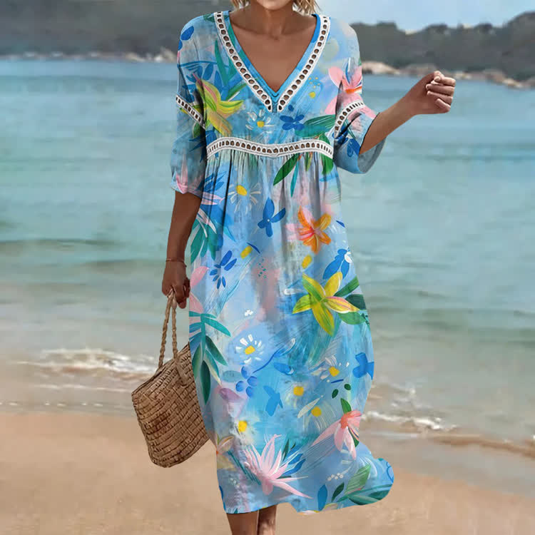 Tropical Floral Print Openwork Lace V-neck Half Sleeve Maxi Dress - Blue - US 16-18 (4XL) - image 1