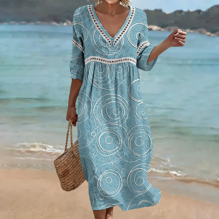 Light Blue Geometric Circle Print Openwork Lace V-neck Half Sleeve Maxi Dress - Blue - US 16-18 (4XL) - image 1