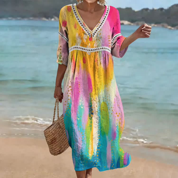 Multicolor Watercolor Tie-dye Print Openwork Lace V-neck Half Sleeve Maxi Dress - Multicolor - US 16-18 (4XL) - image 1