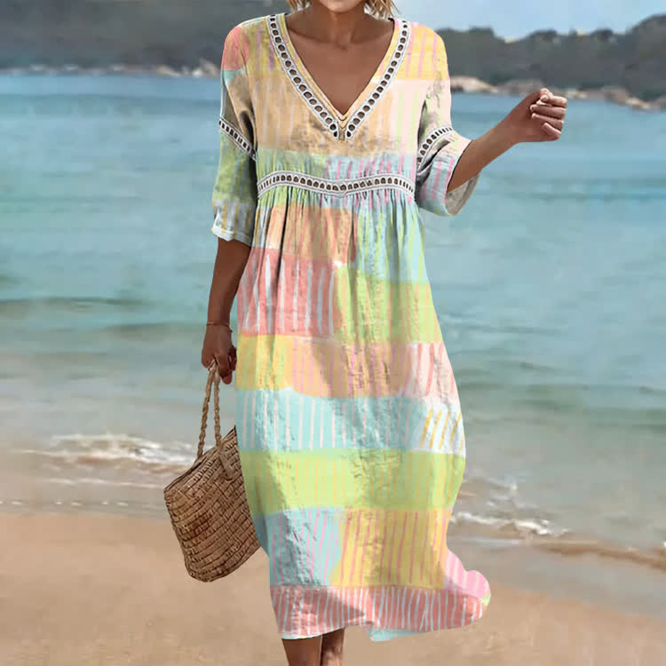 Multicolor Striped Tiered Print Openwork Lace V-neck Half Sleeve Maxi Dress - Multicolor - US 16-18 (4XL) - image 1