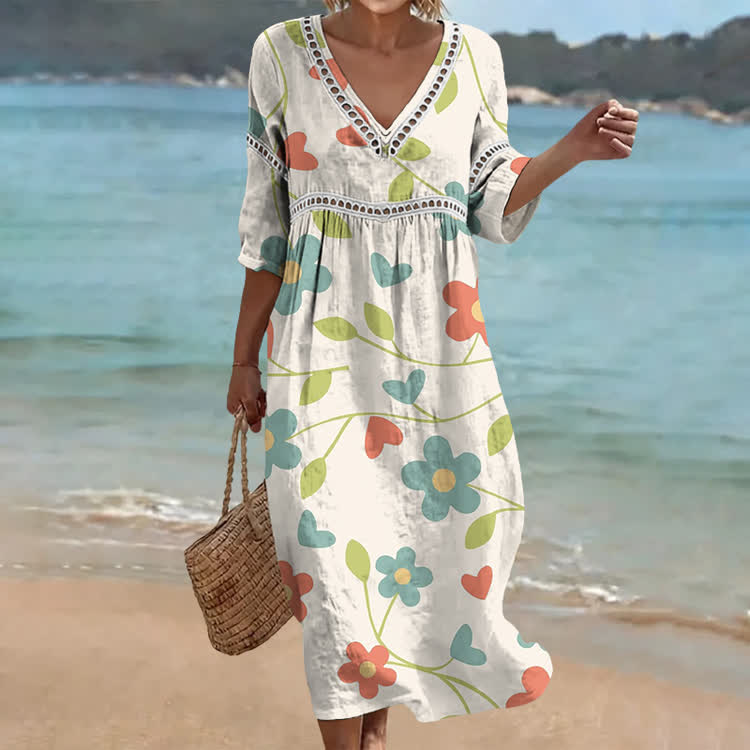 Floral & Heart Print Openwork Lace V-neck Half Sleeve Maxi Dress - Apricot - US 16-18 (4XL) - image 1