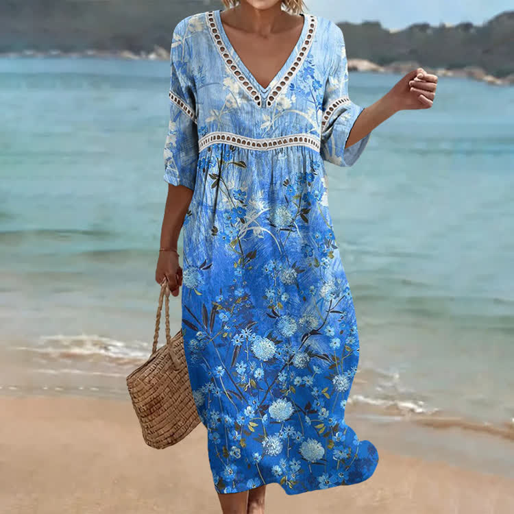 Gradient Blue Flower Tiered Print Openwork Lace V-neck Half Sleeve Maxi Dress - Blue - US 16-18 (4XL) - image 1
