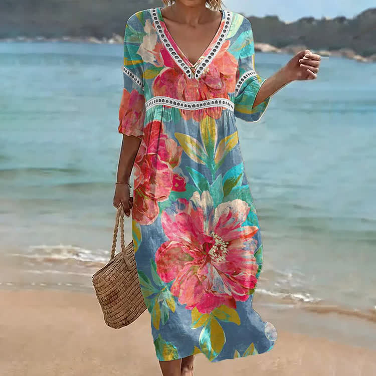 Watercolor Peony Floral Print Openwork Lace V-neck Half Sleeve Maxi Dress - Multicolor - US 16-18 (4XL) - image 1
