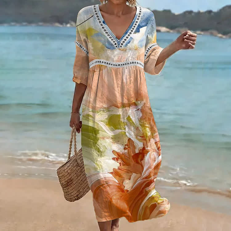 Sunset Gradient Print Openwork Lace V-neck Half Sleeve Maxi Dress - Multicolor - US 16-18 (4XL) - image 1