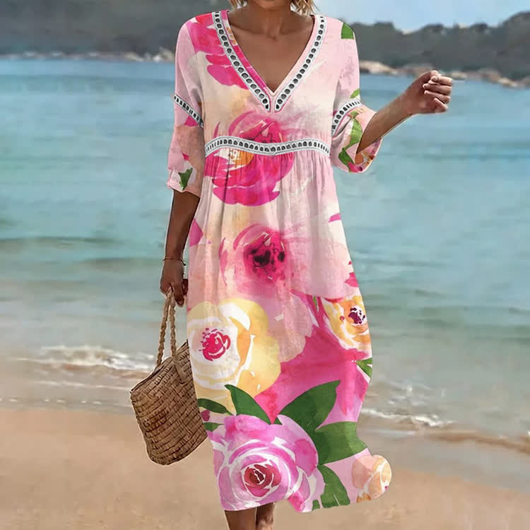 Pink Watercolor Rose Print Openwork Lace V-neck Half Sleeve Maxi Dress - Pink - US 16-18 (4XL) - image 1