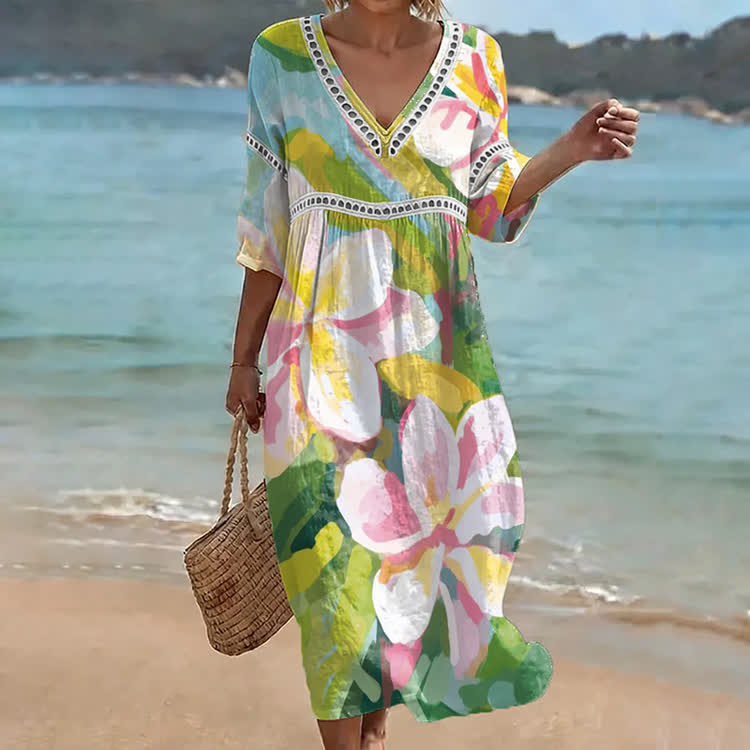Tropical Plumeria Floral Print Openwork Lace V-neck Half Sleeve Maxi Dress - Multicolor - US 16-18 (4XL) - image 1