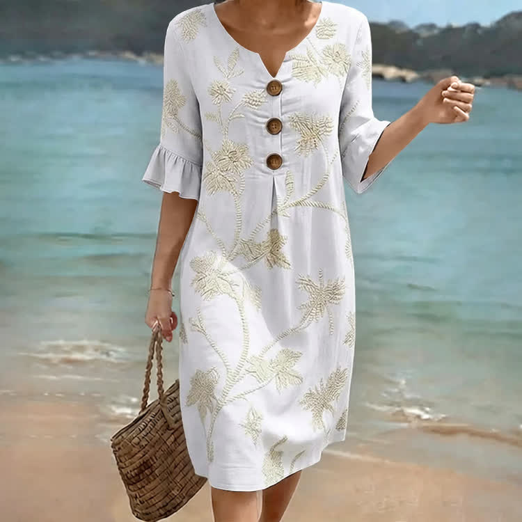 Boho Floral Notched Collar Button Ruffled Half Midi Dress - White - US 22 (4XL) - image 3