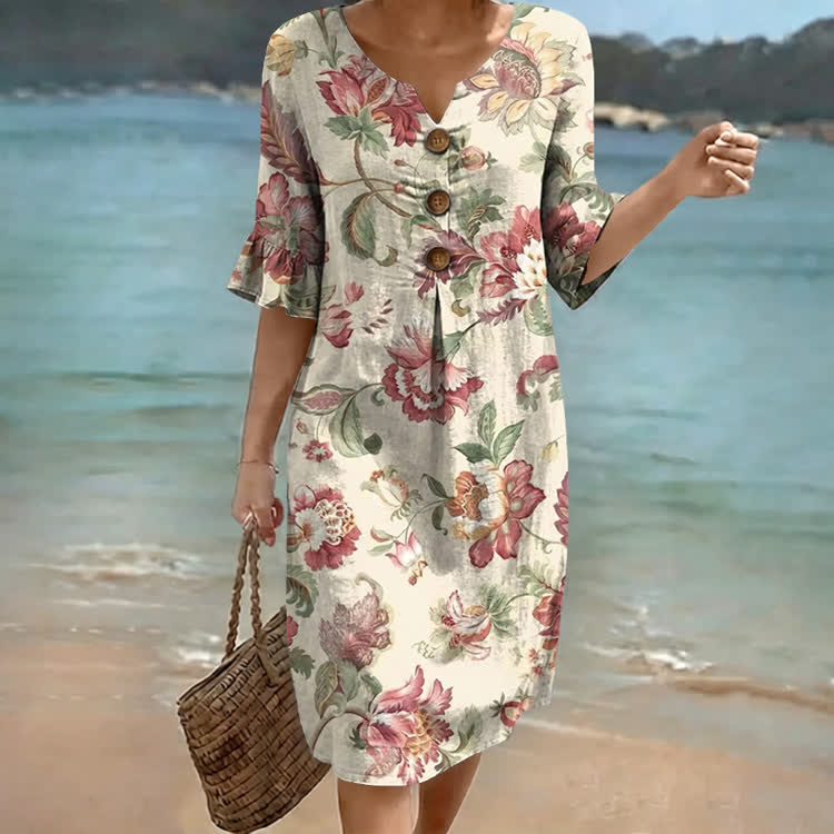 Elegant Watercolor Flowers And Plants Pattern Print Notched Collar Button Ruffled Half Midi Dress - Apricot - US 22 (4XL) - image 1