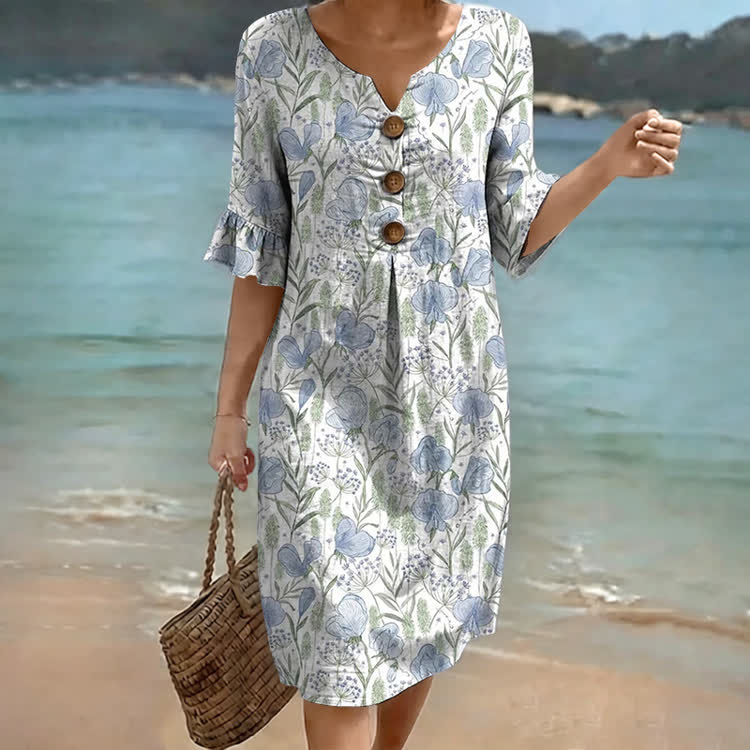 Boho Watercolor Flower Sketches Pattern Print Notched Collar Button Ruffled Half Midi Dress - Light Blue - US 22 (4XL) - image 1