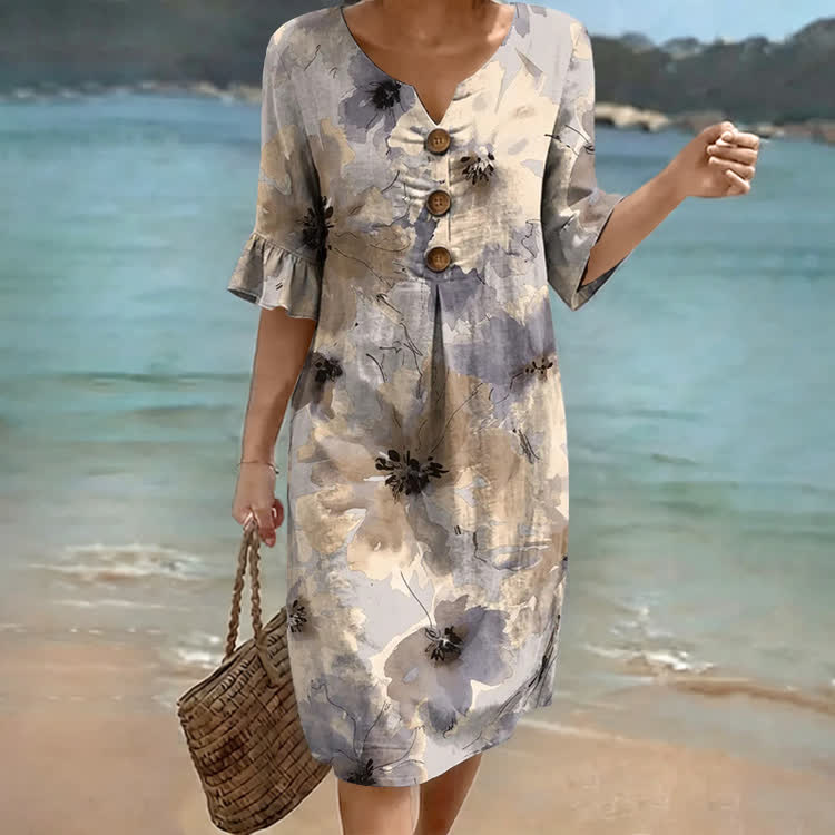 Boho Watercolor-blended Two-tone Flowers Pattern Print Notched Collar Button Ruffled Half Midi Dress - Apricot - US 22 (4XL) - image 1