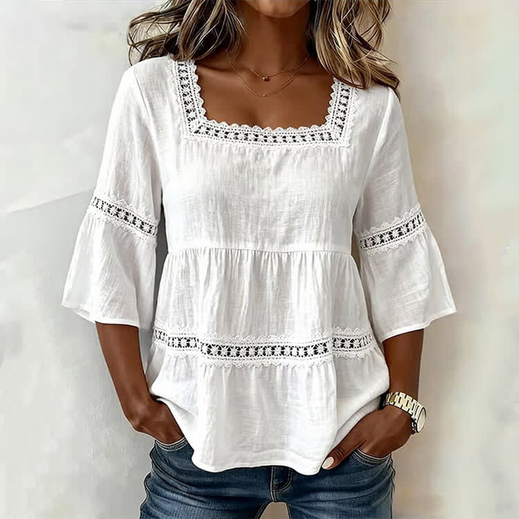 Elegant Solid Lace Splicing Square neck Half-sleeve A-line Blouse - White - 4XL - image 1