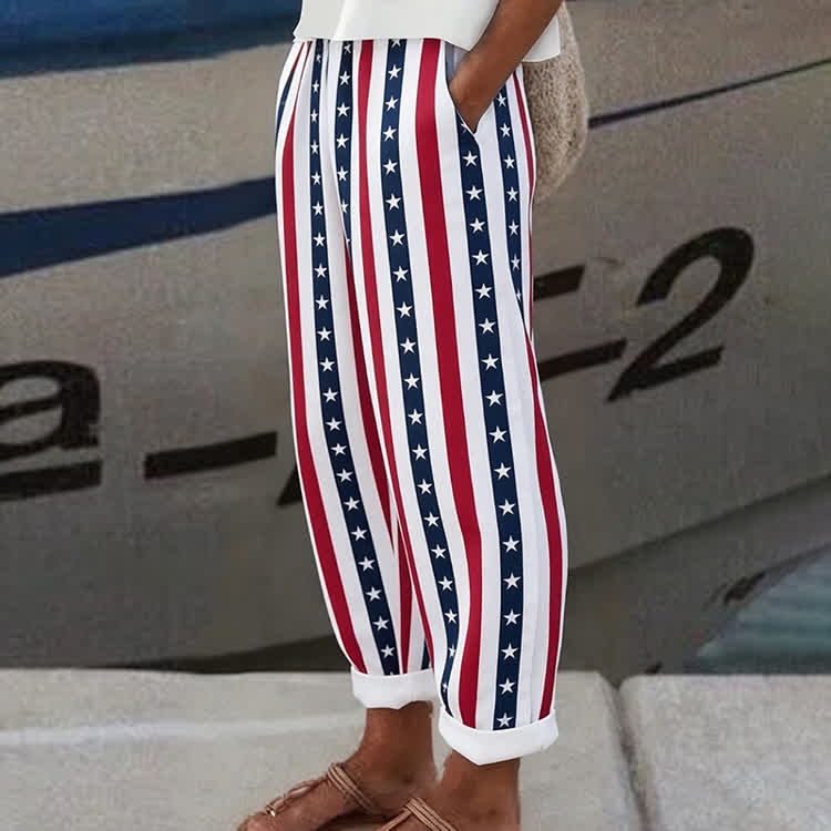 Independence Day Stars And Stripes Pattern Print Casual Pocket Pants  - White - US 20 (5XL) - image 1