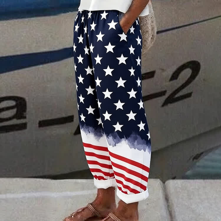 Independence Day Watercolor Gradient Stars And Stripes Pattern Print Casual Pocket Pants  - White - US 20 (5XL) - image 1