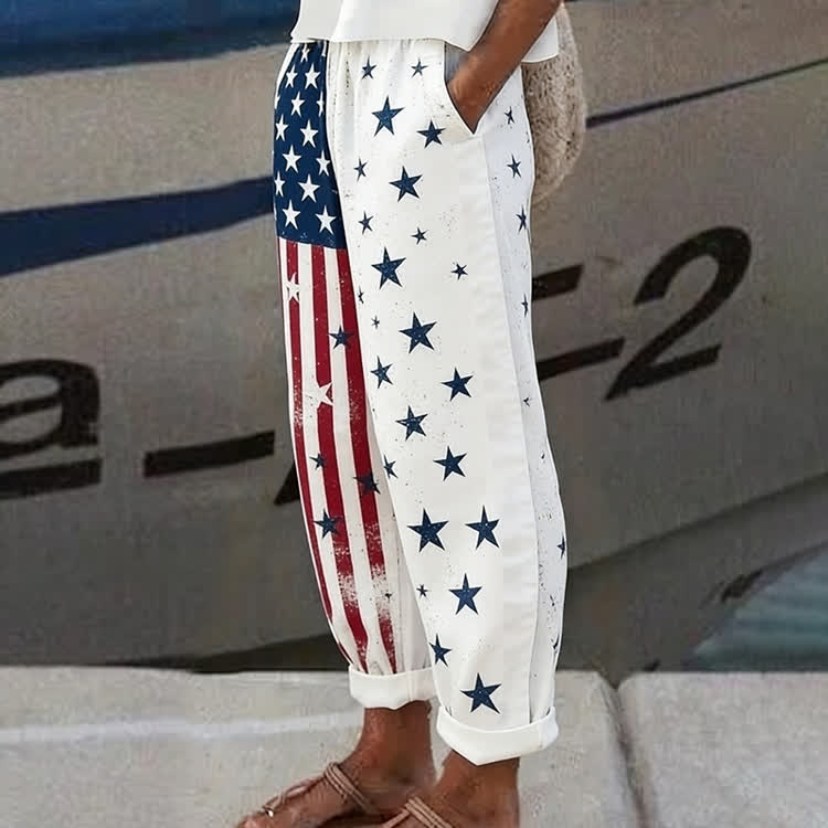 Independence Day Usa Flag Stars Pattern Print Casual Pocket Pants  - White - US 20 (5XL) - image 1
