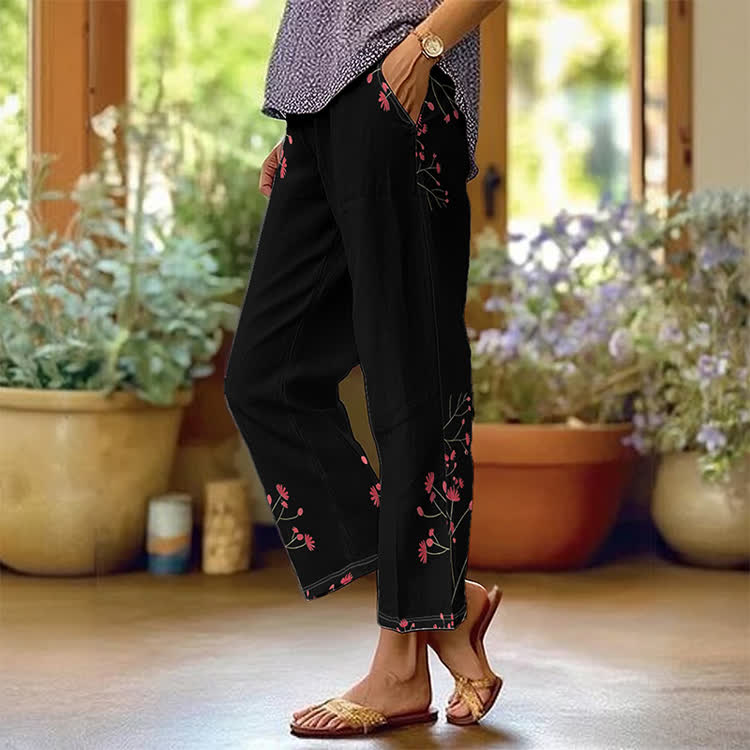 Simple Elegant Wildflowers Pattern Print Casual Pocket Pants  - Black - US 20 (5XL) - image 1