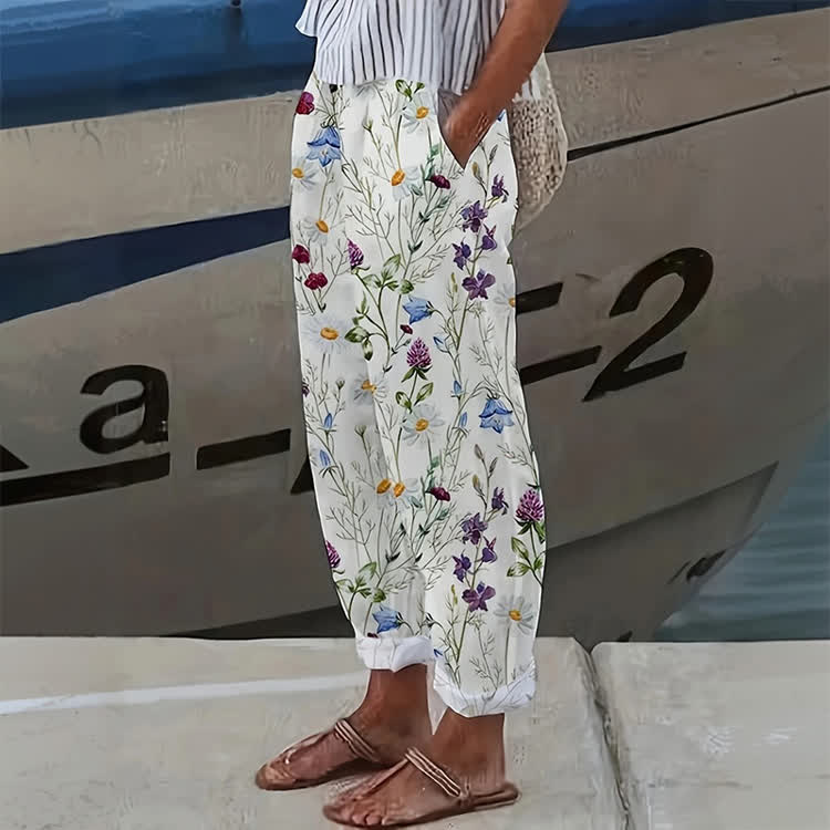 Elegant Wildflowers Art Pattern Print Casual Pocket Pants  - White - US 20 (5XL) - image 1